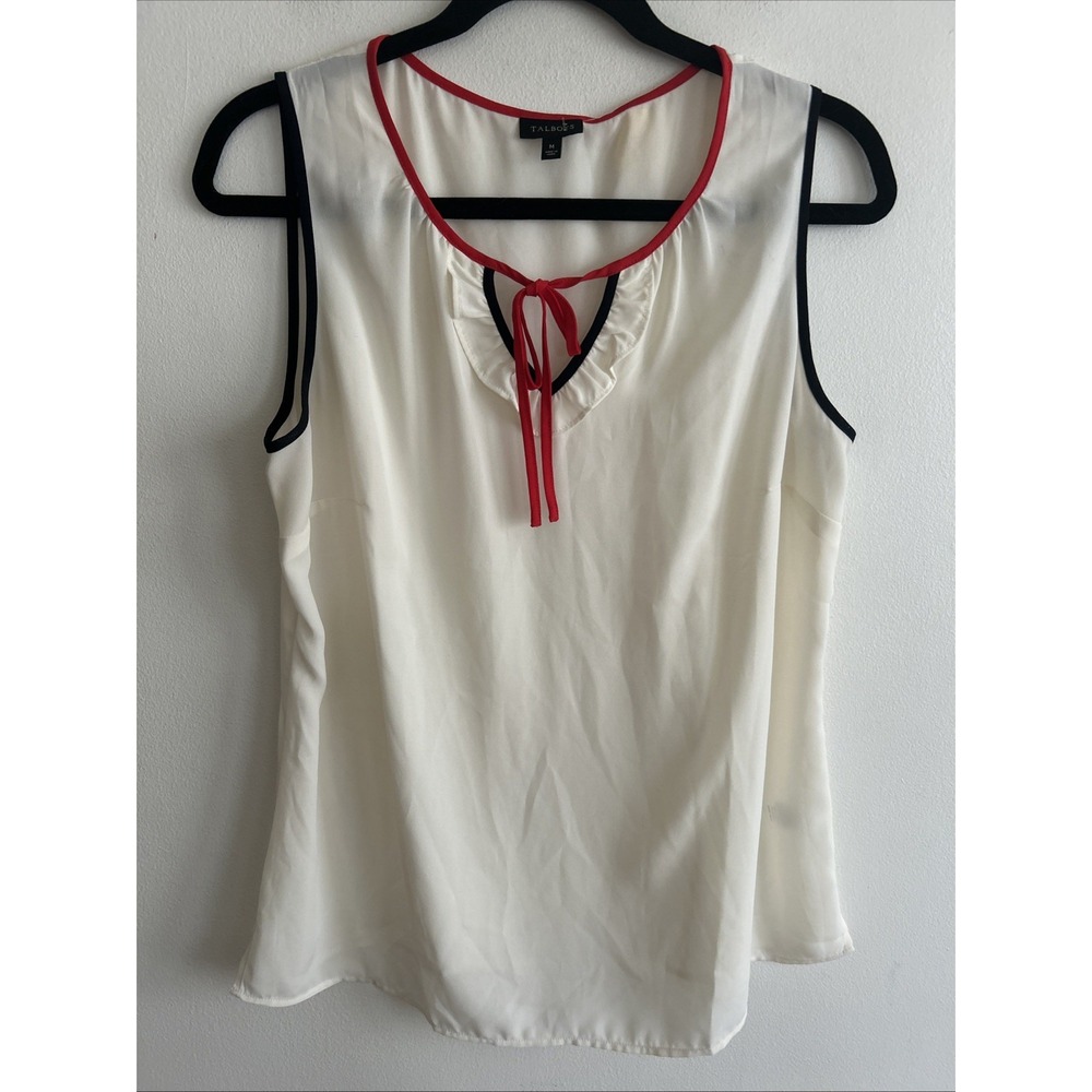 Talbots Ivory Ruffle Ribbon Front Sleeveless Chiffon Blouse Women's Size Medium